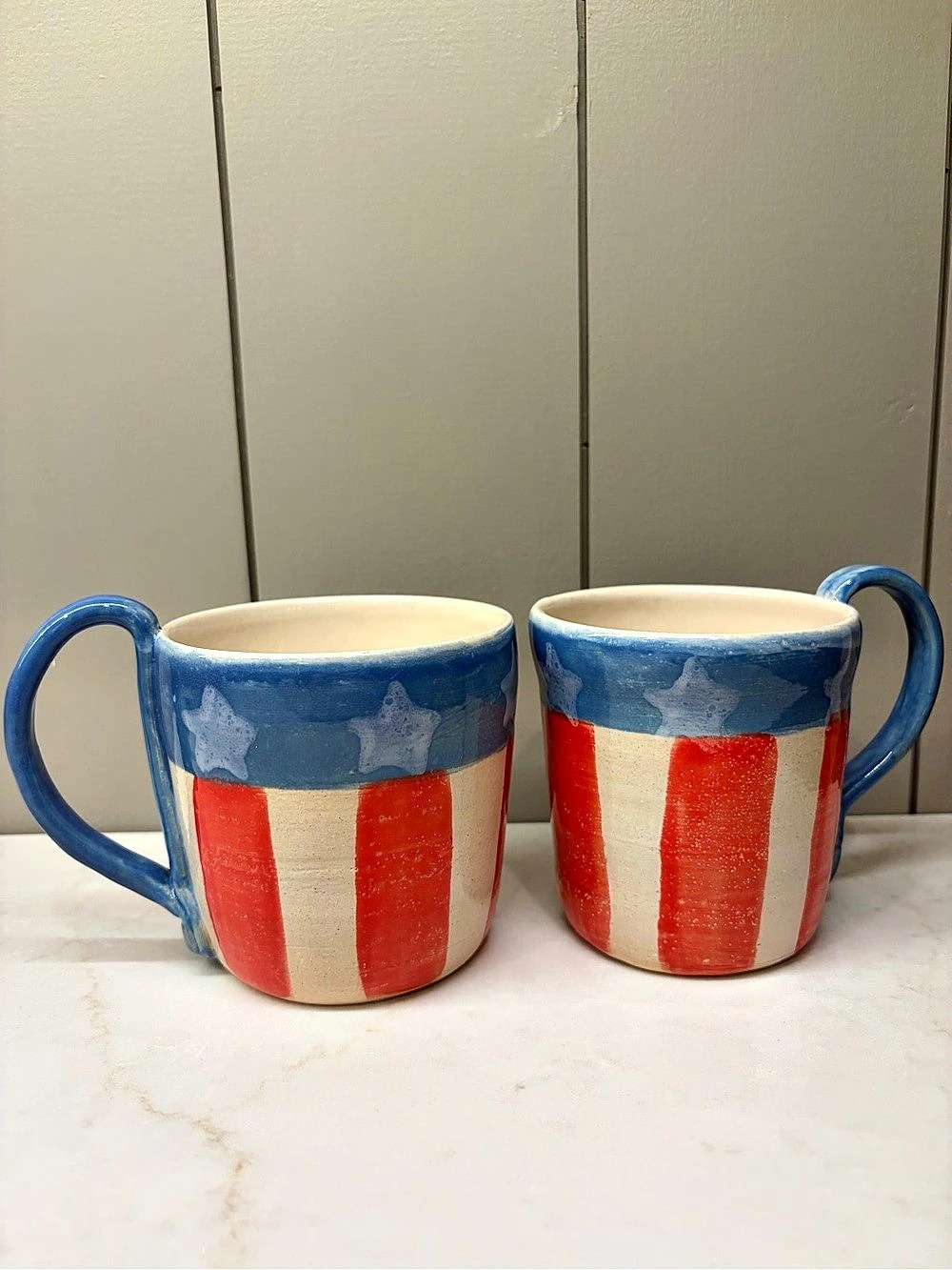 Set of 2 Hand-Painted Americana Flag Ceramic Coffee Mugs Red White & Blue